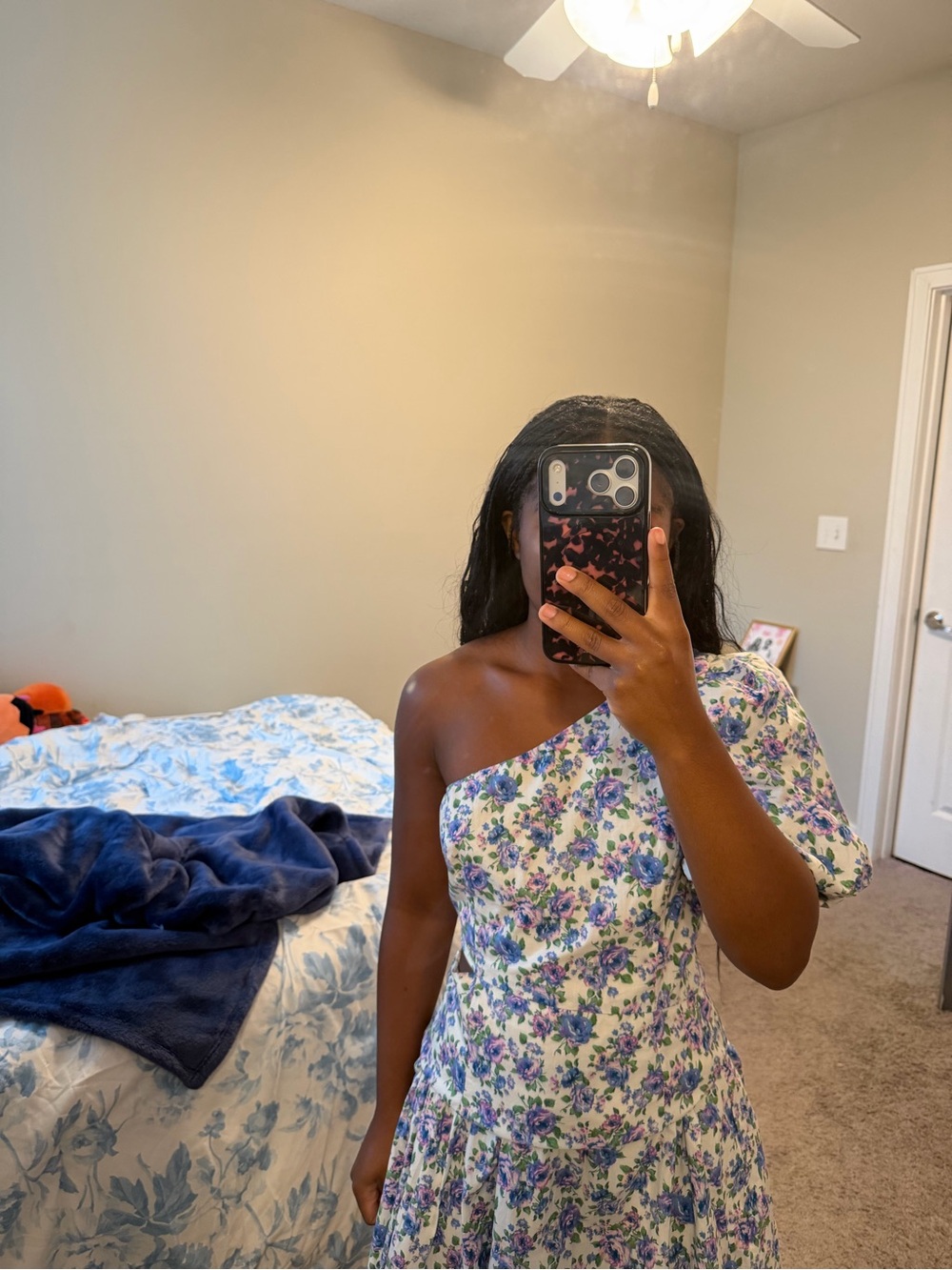 Altar'd State One-Shoulder Floral Mini Dress in White, Blue & Purple